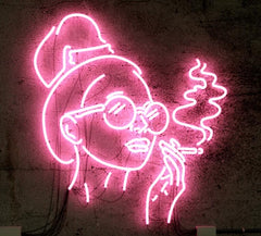 Lady smoking cigarette handmade neon artwork design ~ wood store ~